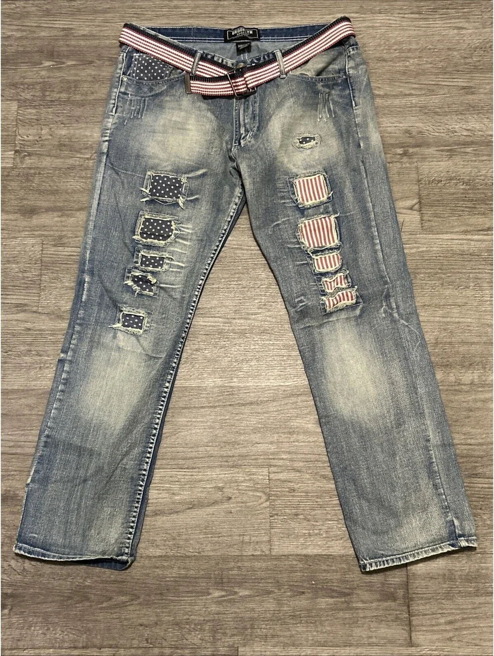 Men's Brooklyn Express Jeans  38/32 Blue Distressed Stars & Stripes Patches